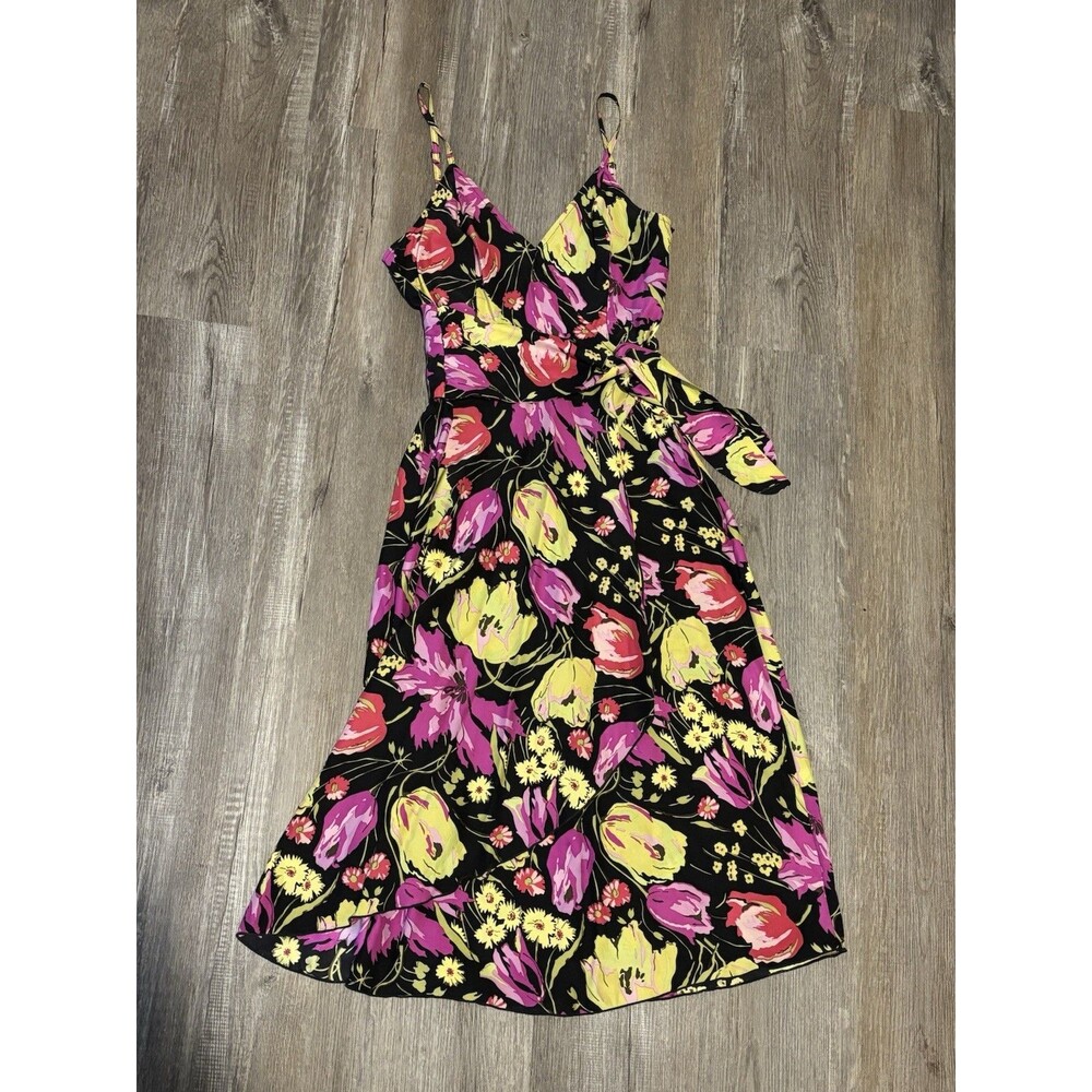 Vintage Y2K Betsey Johnson Floral 100% Silk Faux Wrap Dress Black 90s Size S